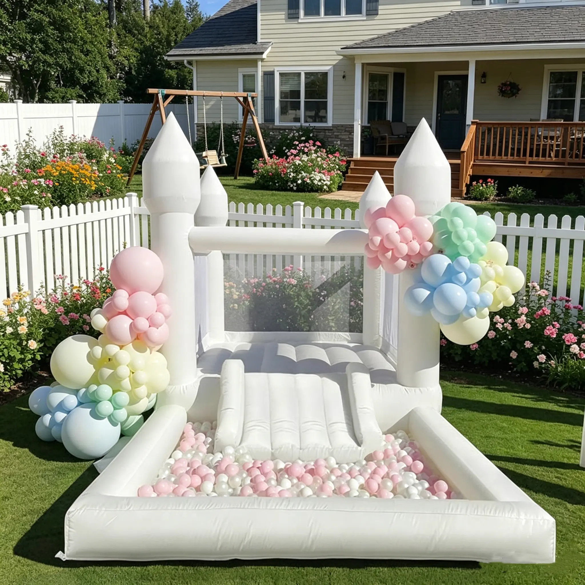 White Oxford Fabric Bounce Houses With  Blower For Children Kids Jumping Castles Wedding Birthday Party Games Bouncy House Room White Bounce House - 13x8x8ft Oxford White Bouncy House with Slide & Ball Pit, Perfect for Parties & Events