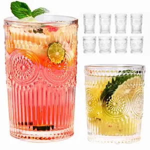 Sunflower Glassware Set - Vintage Textured Drinking Glasses, 4 Highball 13oz & 4 Rocks 9oz, Perfect for Cocktails & Beverages, Set of 8 Retro Drinkware - Includes Reusable Patron Cups, Great for Hosting, Thoughtful Gift Ideas for Any Occasion