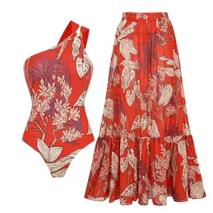 FLAXMAKER Women's One Shoulder Red Plant Print One Piece Swimsuit and Matching Cover Skirt Set Swimdress Stylish Beachwear Bathing Suit SpringStatements Swimwear Coverups vacation swimwear for women#Summervibes #Summervibes outdoorfun #SwimWeek