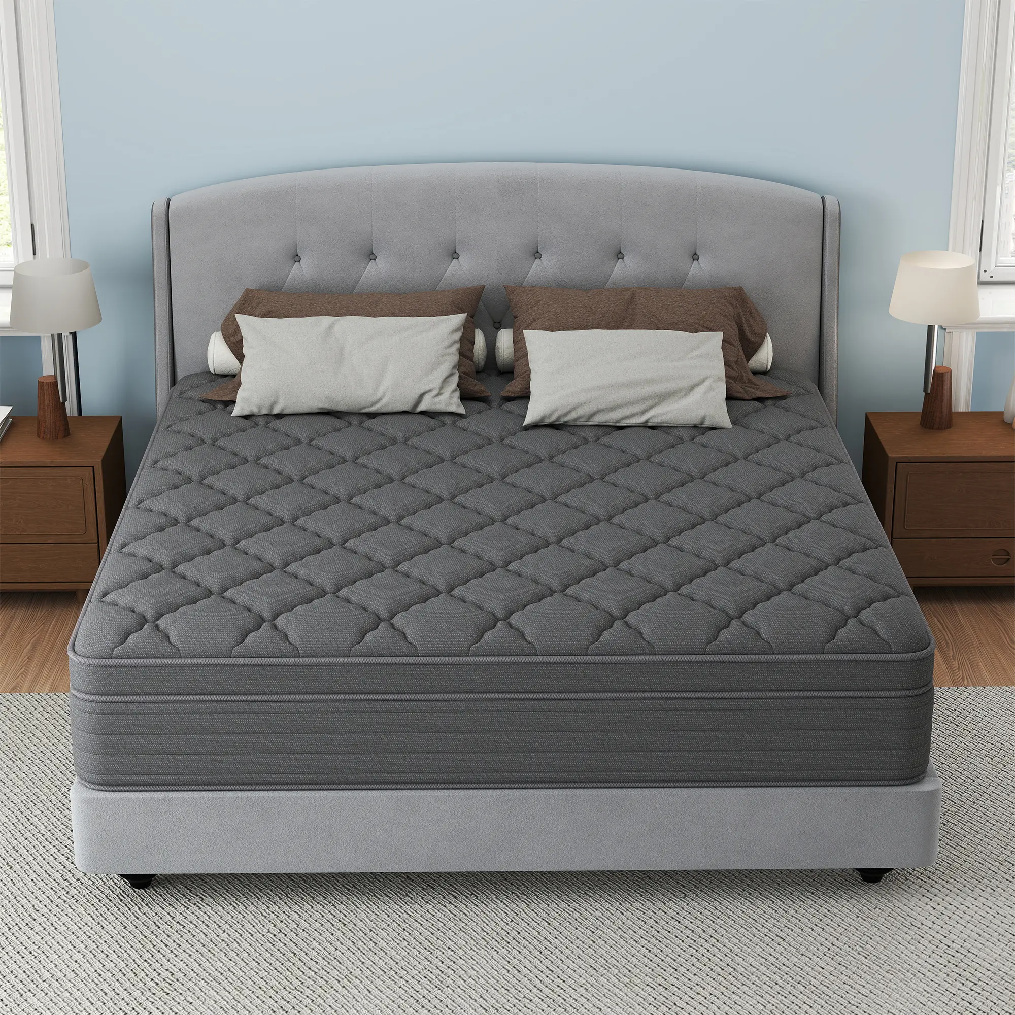 12/14 Inch Twin Full Queen King size Mattress Hybrid Pocket Spring Gray Mattresses, Medium Firm with Balanced Lumbar Support. Suitable for various home decors and hotel settings,  modern ergonomic bed-in-a-box
