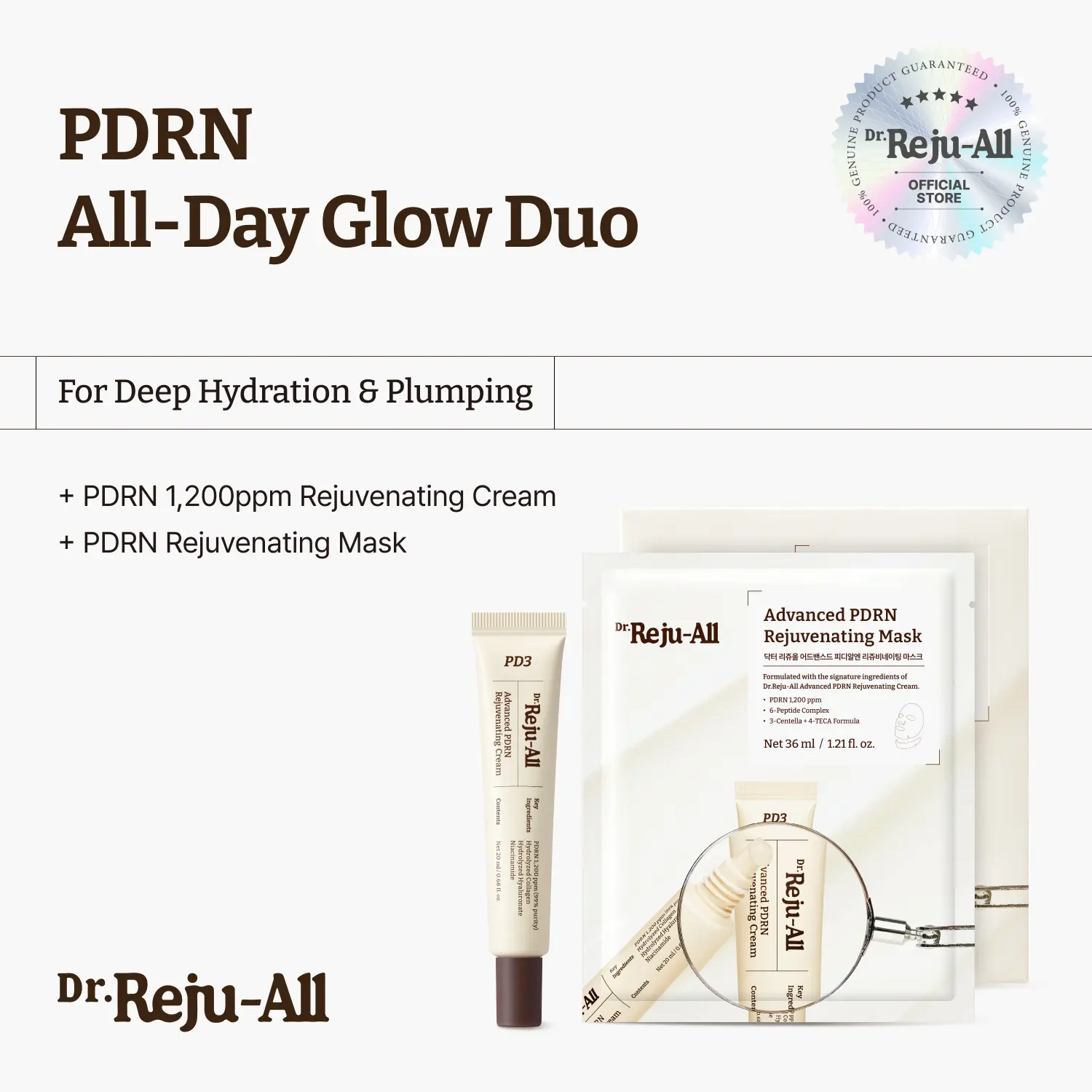 [Official]Dr.Reju-All PDRN All-Day Glow Duo: Advanced PDRN Rejuvenating Cream + Advanced PDRN Rejuvenating Mask - Face Moisturizer & Facial Mask for Hydration & Plumping - Korean Skin Care Daily Routine