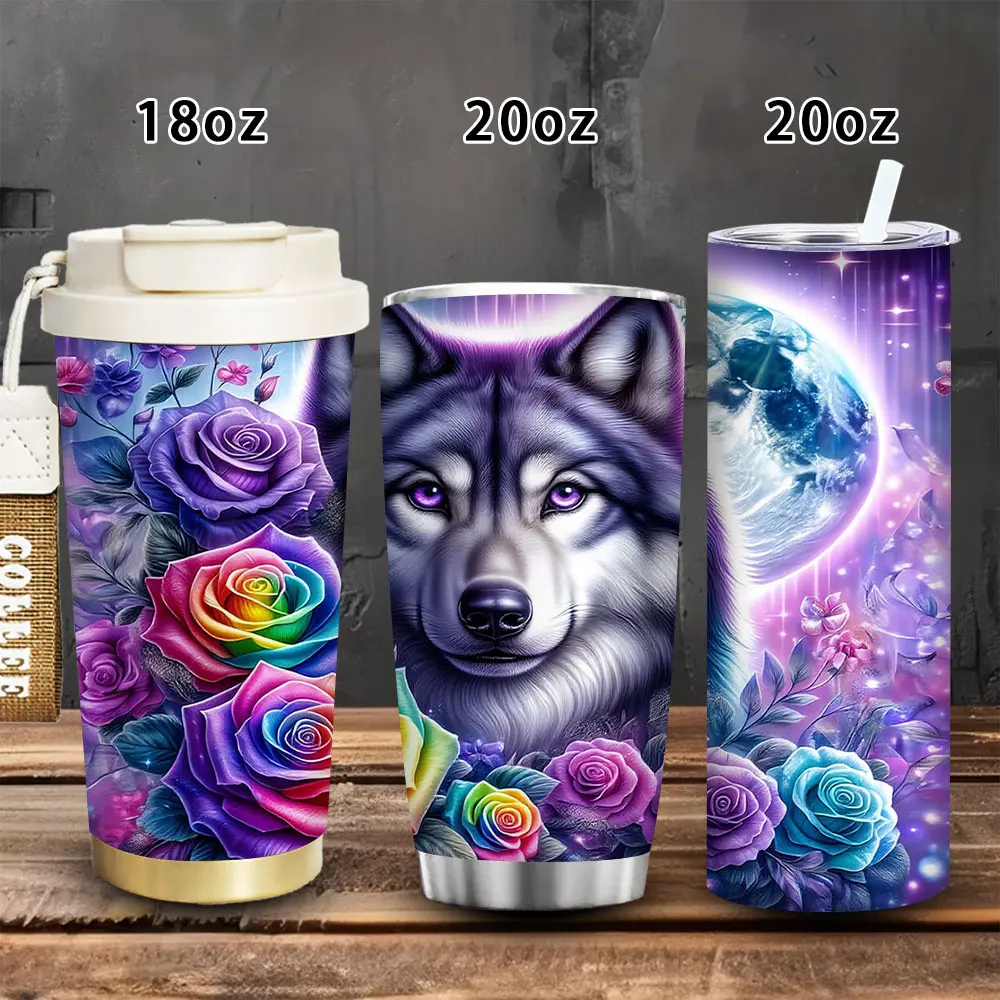 1pc 18oz/20oz Mystical Wolf and Roses Insulated Travel Flask Tumbler with Lid and Straw, Winter Hot/Iced Coffee Cup, Ideal Gift for Women (Valentine’s Day, Birthday), Flasks