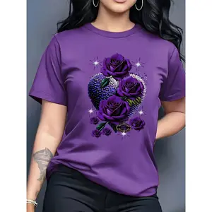 Purple Rose and Heart Pattern Print Women's Round Neck Short Sleeve Casual T-Shirt Retro European Pattern Four Seasons Daily Wear