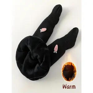 [Toddler Girls' Cozy Fleece-Lined Leggings] 1pc Polyester Thick Warm Winter Bottoms, Elastic Waistband, Cute Bow & Embellishments, Hand Wash, for Dresses & Casual Wear