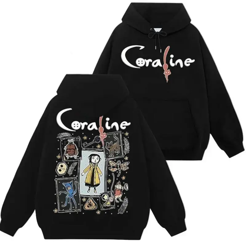 Women's Coraline Graphic Hoodie Sweatshirt - Baggy Double-Sided Classic Pullover, Soft Cotton Blend Fabric, Comfortable Outerwear for Party, Outdoors, Festival Tops