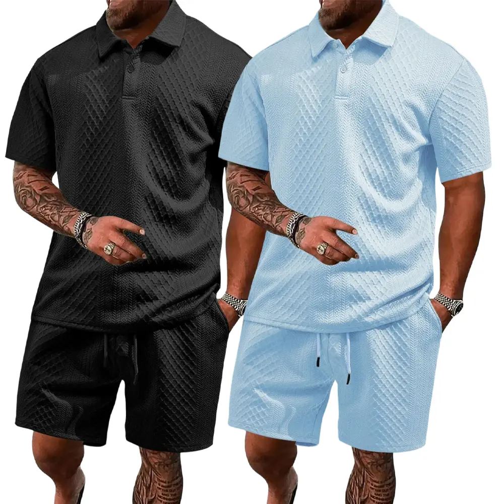 Men’s 2-Piece Plain Short-Sleeve Polo Shirt & Drawstring-Waist Shorts Set, Comfortable Breathable Casual Outfit for Everyday Outdoor Summer Tropical Menswear, Shortsleeve