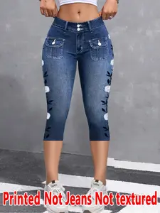 Women's Printed Tight-Fitting Pants, Non-Denim Fabric, Seven-Inch Leggings, Faux Denim Print, All-Season Wear, Comfortable and Stylish, Bottom