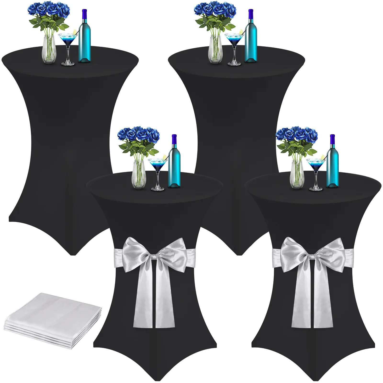 4 Pcs Black&Silver Festive Table Covers - Black Spandex High-Top Round Cocktail Covers (32"x43") with Silver-White Satin Bow Sashes, Decorative Wineglass Centerpiece for Weddings, Bar Parties