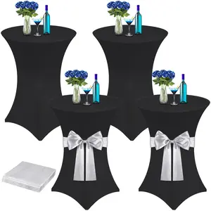 4 Pcs Black Spandex High-Top Cocktail Table Covers with Silver-White Satin Bow Sashes, 32"x43" Round Tablecloths, 4-piece black table cover with silver-white straps, Wineglass Centerpiece & Household Items Decor for Weddings, Bar Parties