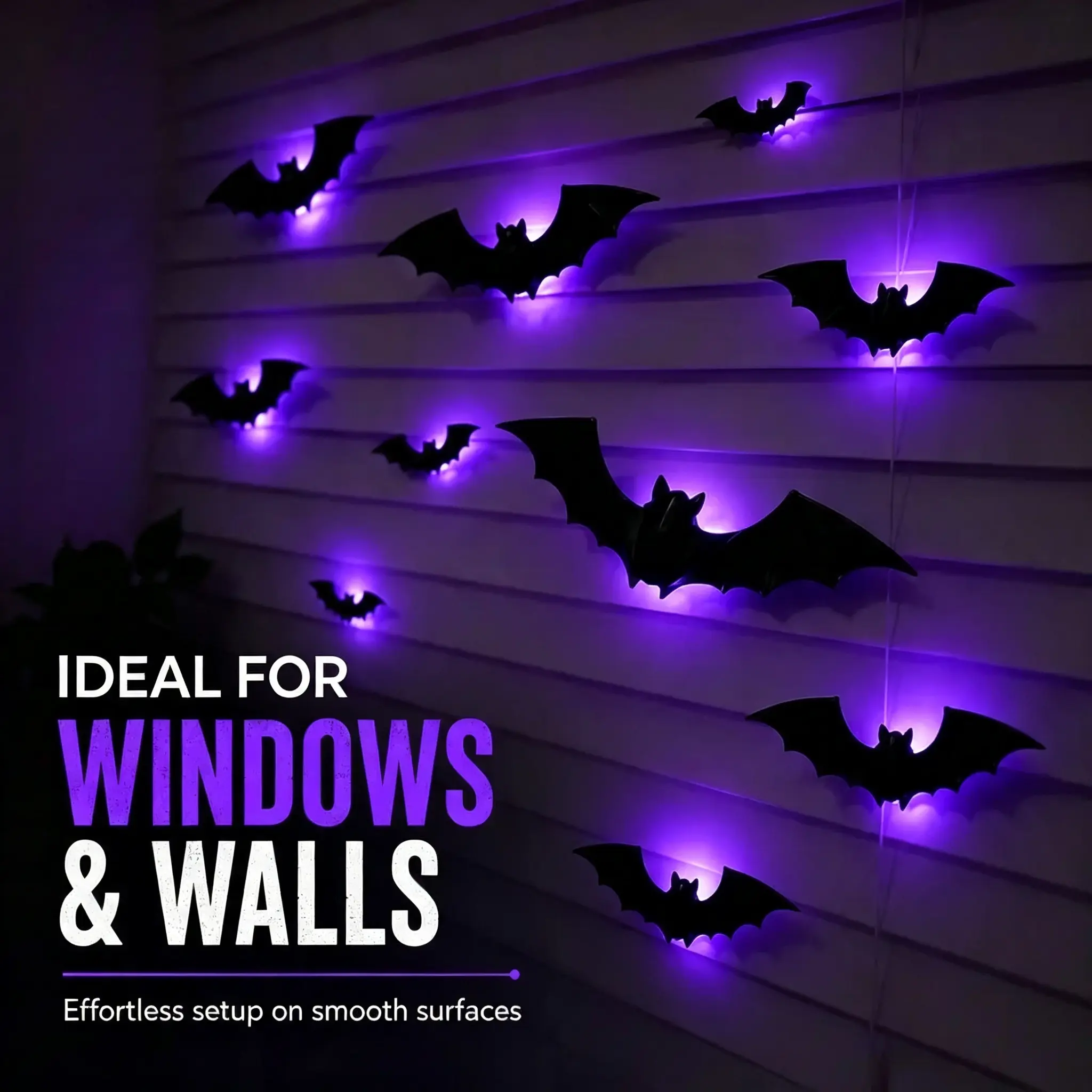 3D Bat LED Lights Set (12pcs/24pcs), Halloween Spooky Decorative Stickers, Battery-Powered Bendable Bubble-Free Bats with Smooth Installation, Indoor Home Party Ornaments