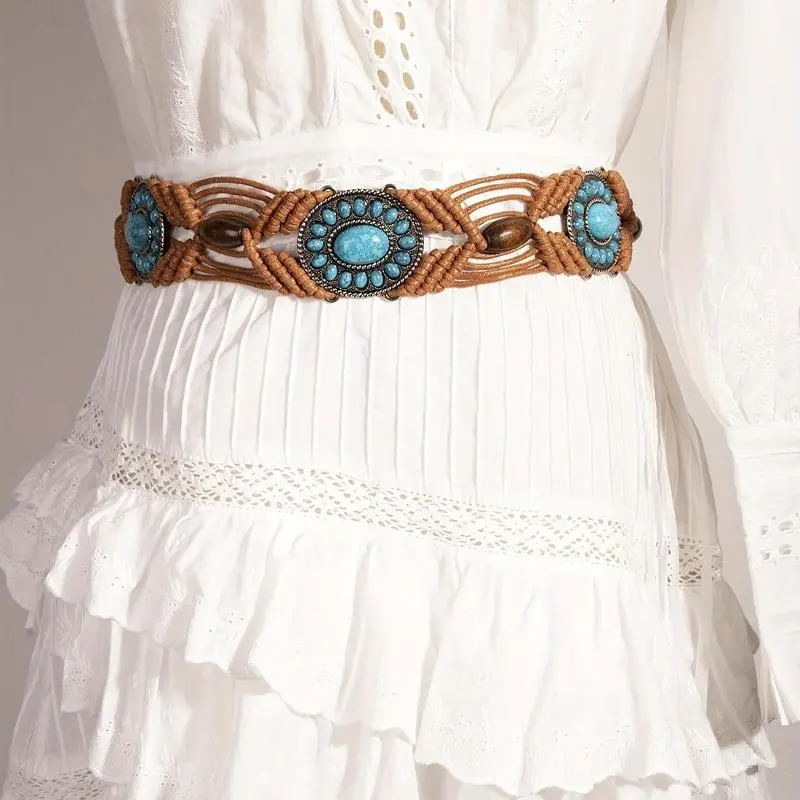 TurquoiseInlaidBraidedBeltBohoHollowOutWaxRopeWaistbandVintageDecorationDressGirdleForWomen