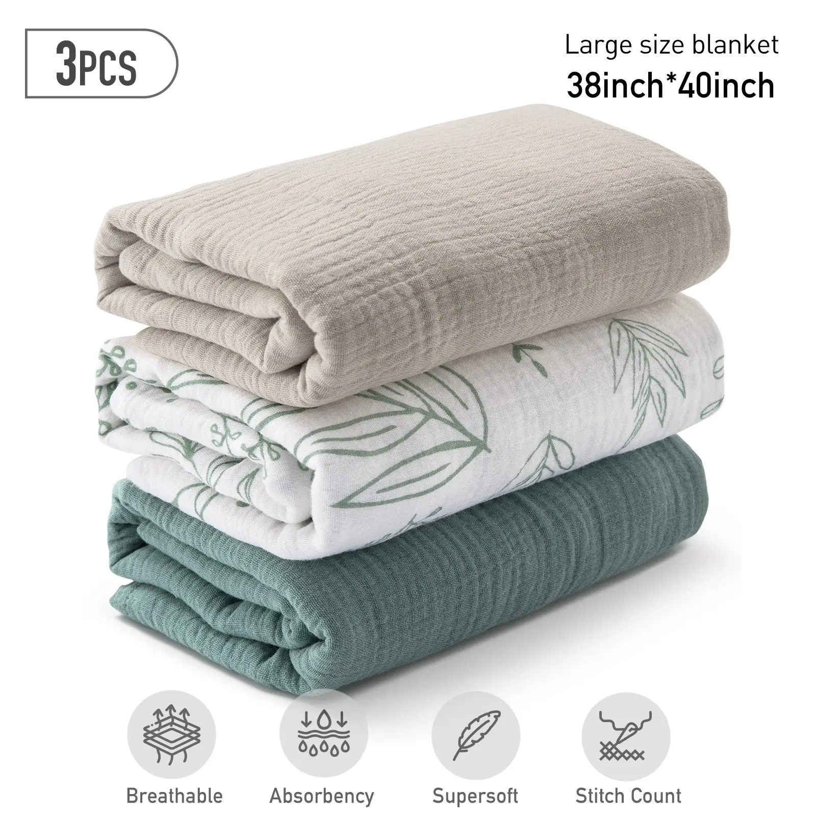 3 Pack Muslin Swaddle Blankets for Newborn, Breathable Supersoft Receiving Blanket, Large 38x40 Inches, Essential Infant Shower Items, Toddler Gift, Stitch Count Design