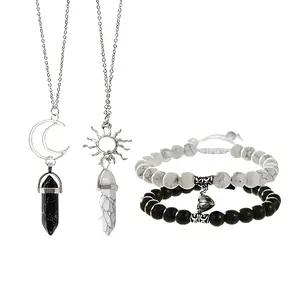 4pcs Set Of Jade Jewelry Featuring Sun And Moon Synthetic Stone, Magnetic Couple Bracelet Set Friendship Couple Long Distance Matching Bracelet Natural Turquoise Beaded Bracelet Women Men for Graduation Valentine's Day Daily Gifts