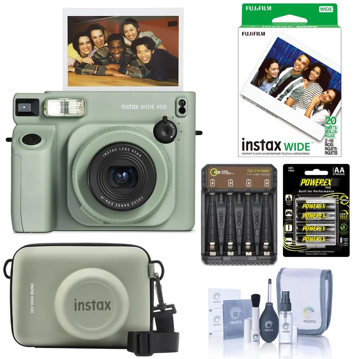 Fujifilm Instax Wide 400 Instant Film Camera, Green, Bundle with Case, 20x Color Print Film, 4x Ni-MH Battery, GX-CH-AA4 Charger and Cleaning Kit