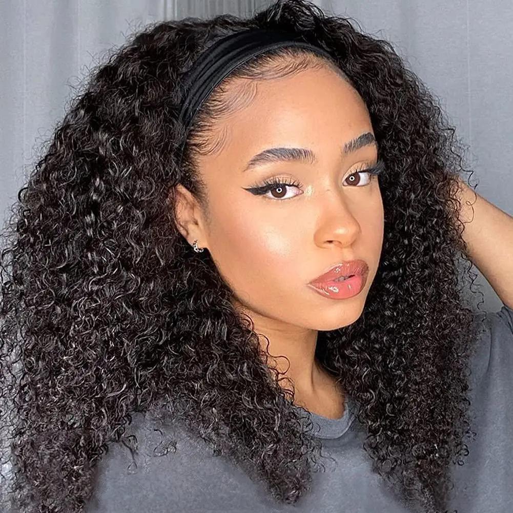 Bling Hair Headband Wig Kinky Curly Human Hair Wigs Brazilian Remy HUman Hair Wigs Curly 12-24 Inch Non Lace For Women 180% Density TikTokShopBlackFriday