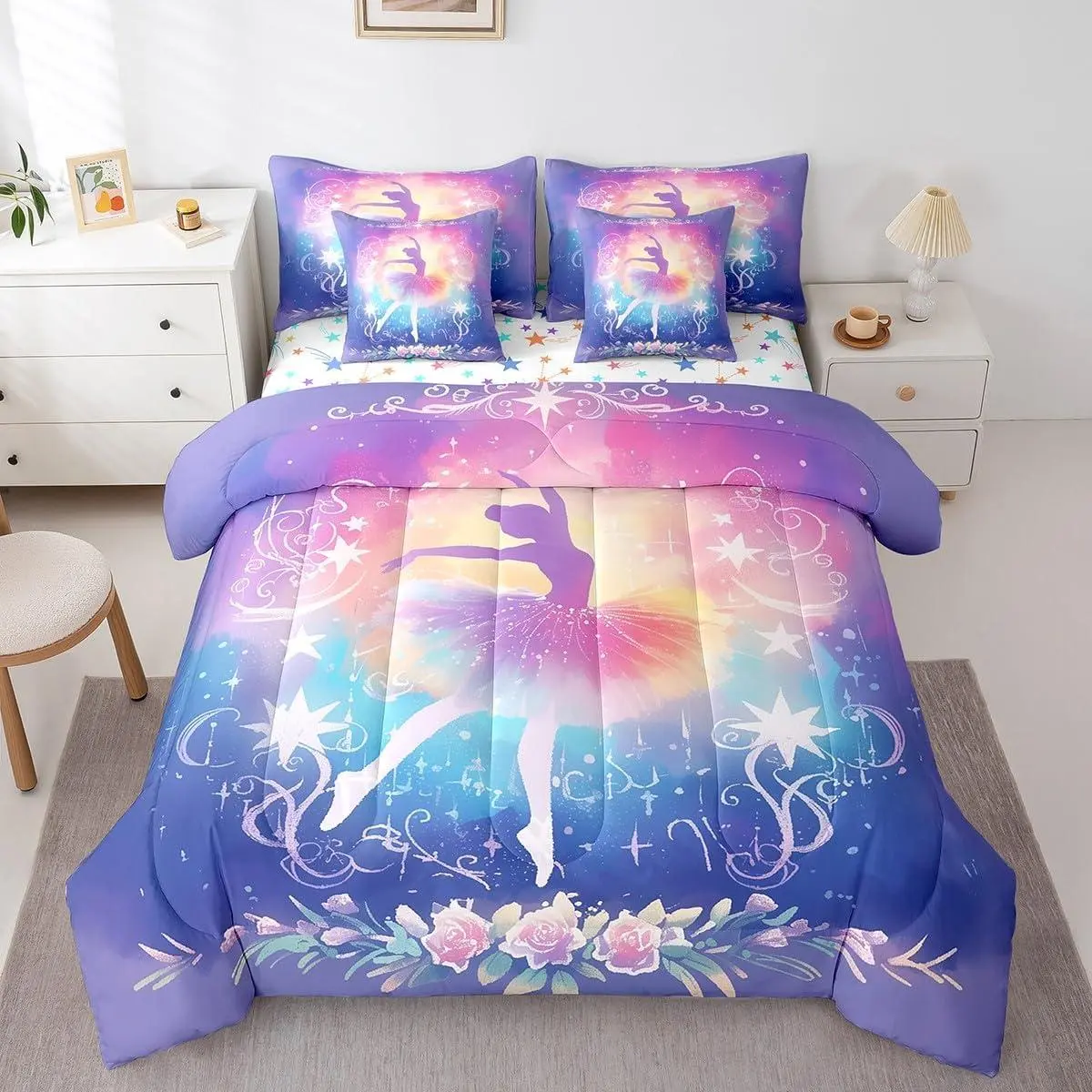 Kids Ballet Dancer Comforter Set with Sheets ,Ballerina 7 Pieces Bedding Set Boys Girls Dreamy Princess Bed in A Bag Dancing Teens Bed Set Bedroom Decor 7Pcs