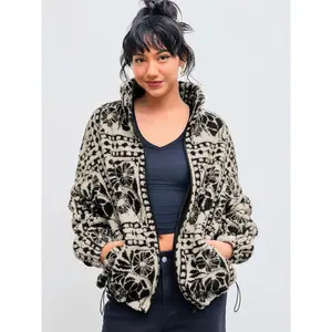 Cider Fleece Stand Collar Abstract Drawstring Oversized Jacket [LIVE ONLY]