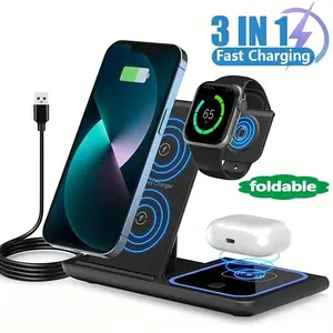 3-In-1 Fast Wireless Charger, Foldable Office TravelCharger,Charging Stand with LED Light for lphone15/14/13/12/11,apple watch,Airpods