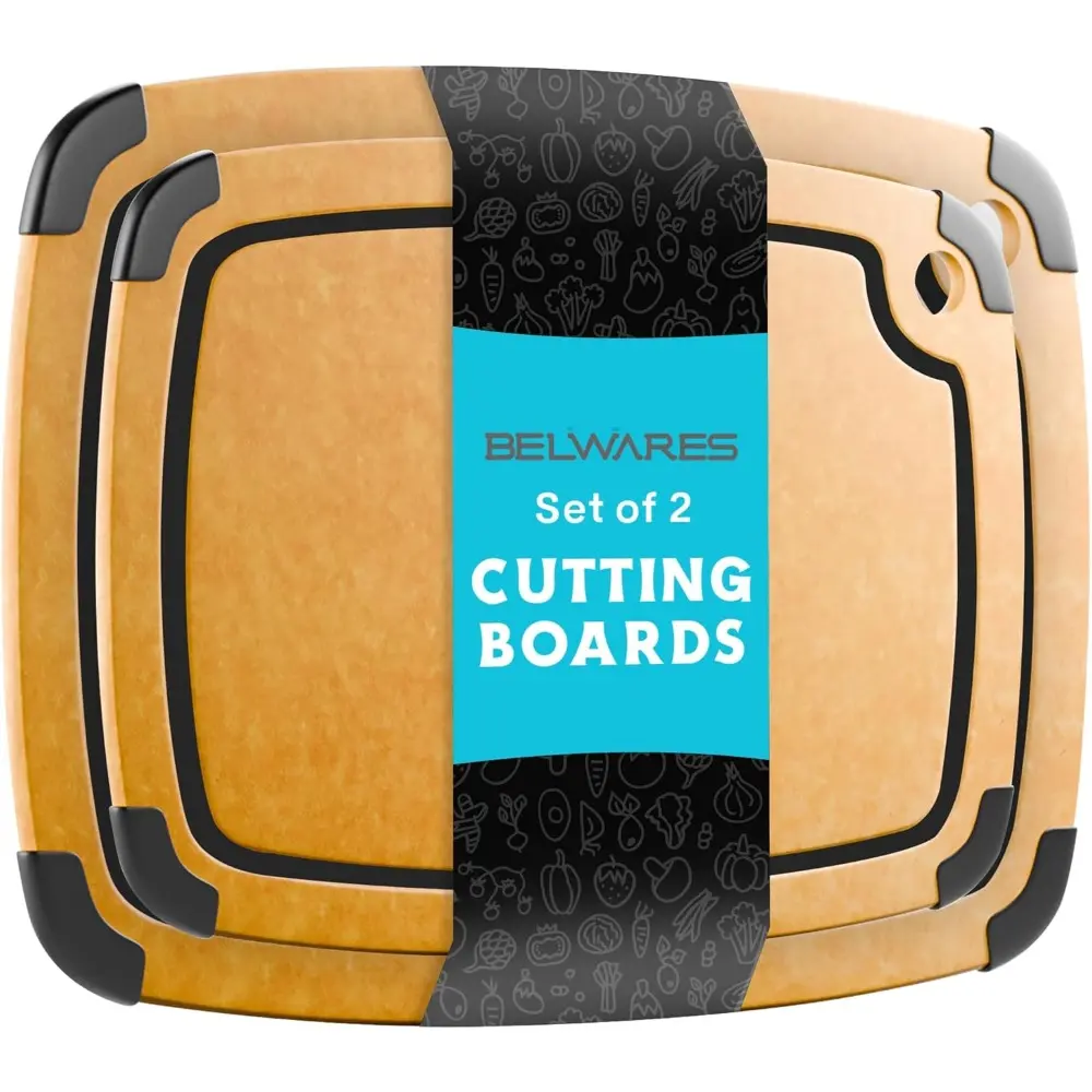 2-Piece FSC-Certified Composite Wood Chopping Boards Set for Kitchen, Dishwasher-Safe Durable Cutting Boards (14.5"x11", 11.7"x9.3") with Non-Slip Base, Juice Groove, Thin Lightweight Eco-Friendly Natural Design, Black Grooves, Set Of Two
