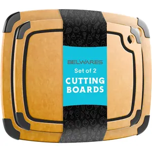 Kitchen Dishwasher-Safe Cutting Boards Set-Large Composite Wood Cutting Boards (14.5" x 11" & 11.7" x 9.3") Non-Slip with Juice Groove, Thin, Lightweight and Eco-Friendly, Natural with Black Grooves