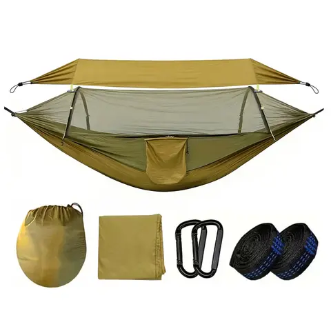 Camping Hammock With Mosquito Net, Automatic Quick-Open Hammock For Camping & Hiking and Picnicking, Portable Hammock With Straps, Attached Carry Bag, Camping Essentials