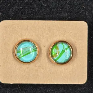 8 mm stud earring, stainless bezel. hand painted glass cabochon