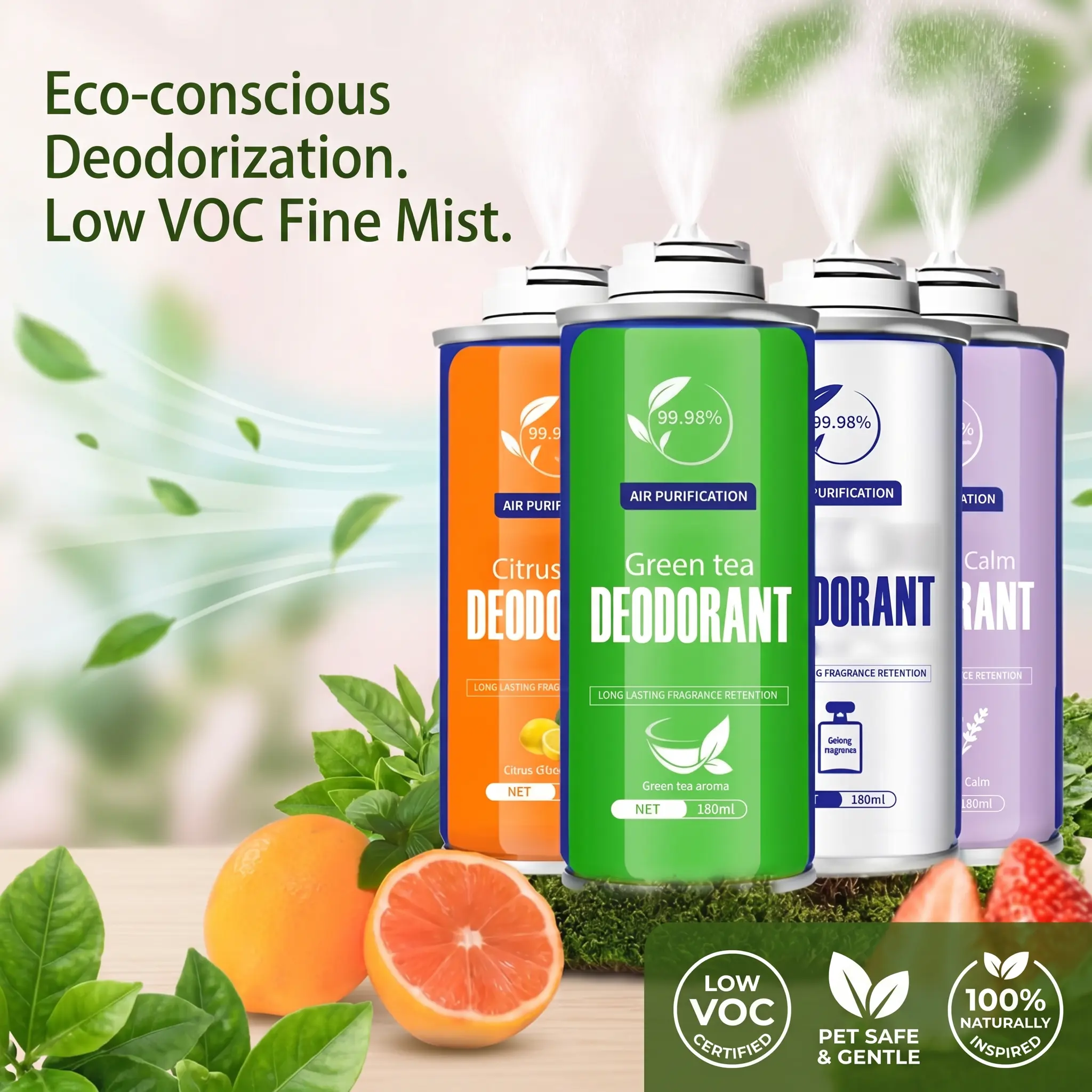 4-Scent Car Fragrance Spray, Fine Mist Low VOC Non-Toxic Odor Neutralizing Green Tea Calm Deodorant, Long-Lasting Pet-Safe Home & Car Interior Accessory, Safe for Children/Pregnant Women/Elderly Odor Improvement