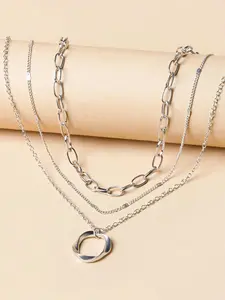 Unisex Multi-Layer Chain-Link Artificial Gemstone Necklace with Round Pendant, Stylish Jewelry, Versatile Accessory for Party Wear and Gifting