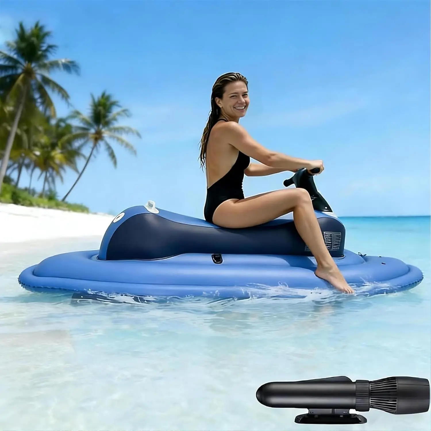 Foldable 2-in-1 Electric Inflatable Jet Ski - 500W Underwater Scooter, 10-Speed Remote Control, 10000/16000mAh Battery, Inflatable Boat with Motor for Diving, Snorkeling, Pool and Ocean Use(Blue,16Ah)