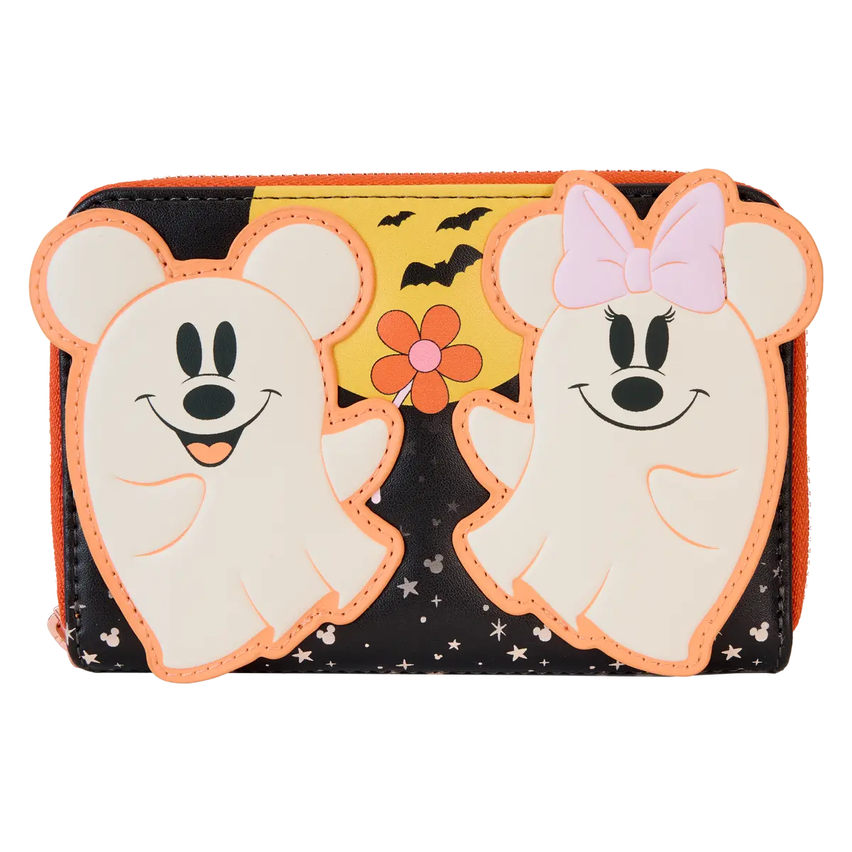 Women's Mickey & Minnie Floral Ghost Glow Zipper Wallet, Flower Pattern Wallet with Rose Gold Accents for Polished Charm, Sweet Spooky Everyday Style, Rose Gold Accents Add Polished Charm