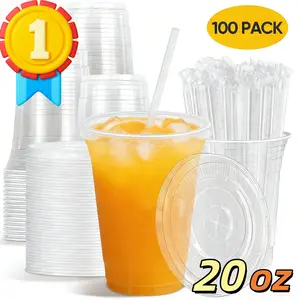 100 Pack Disposable Clear Plastic Cups with Lids & Straws, Multiple Sizes 16oz-24oz, BPA-Free for Home Party Outdoor Activities