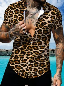 Leopard Print Collared Short Sleeve Shirt for Men, Summer Trendy Casual Printed Shirt, Fashion Slim Design Top, Menswear