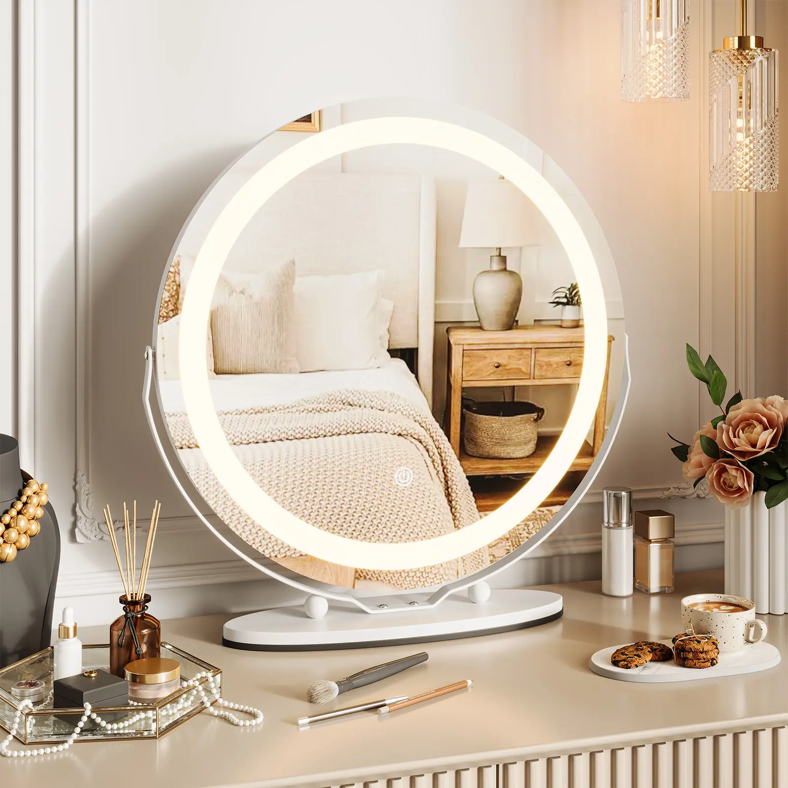 Garvee Modern LED Vanity Mirror – 19" Round, 3-Color Dimmable Lighting, 360° Rotatable, Smart Touch Control, Aluminum Alloy Frame, Tabletop/Wall Mounted