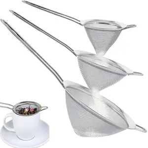 Professional Grade Stainless Steel Fine Mesh Conical (Cone-Shaped) Bar Strainer Kit - 3 Sturdy Kitchen Strainers with Long Hanging Handle, Rust-Resistant, Easy-to-Clean, Durable for Roostertails Tea Herbs Coffee, Father Gift