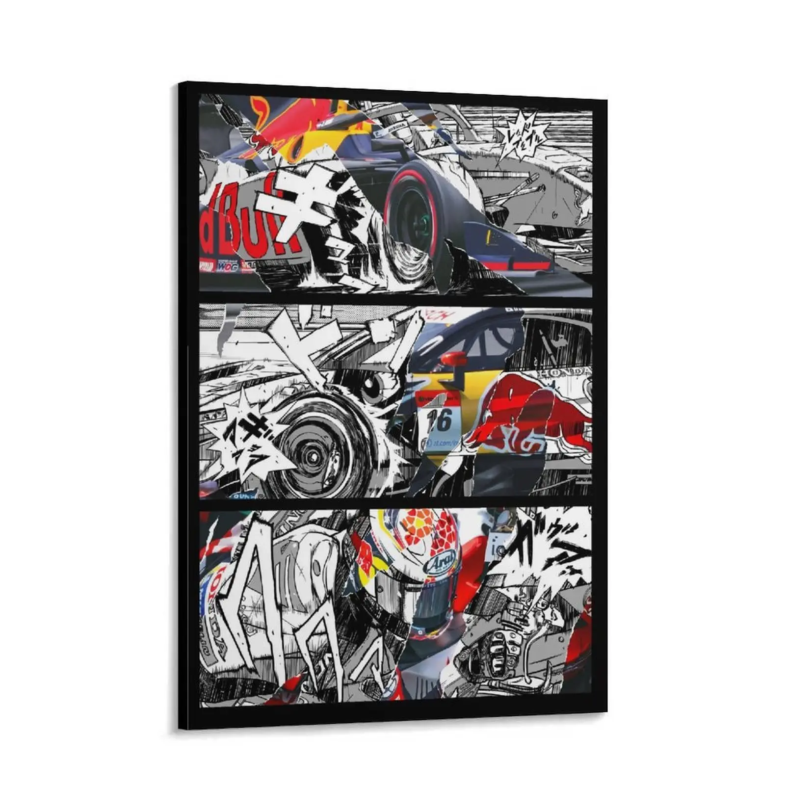 Artistic F1 Inspired Formula Racing Manga Canvas Art Photo - Otaku Style Motorsport Collage Poster, Sporty Chic Home Decor, Anime Decor for Garage, Car Enthusiast Setup, Decoration