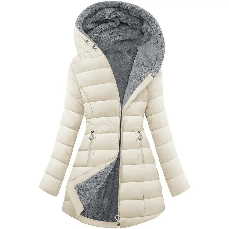 Women's Long Sleeve Fleece-Lined Windproof Warm Fluffy Slim Fit Down Jacket - Waterproof Zippered Chic Ski Coat for Commuting, Outdoor Sports
