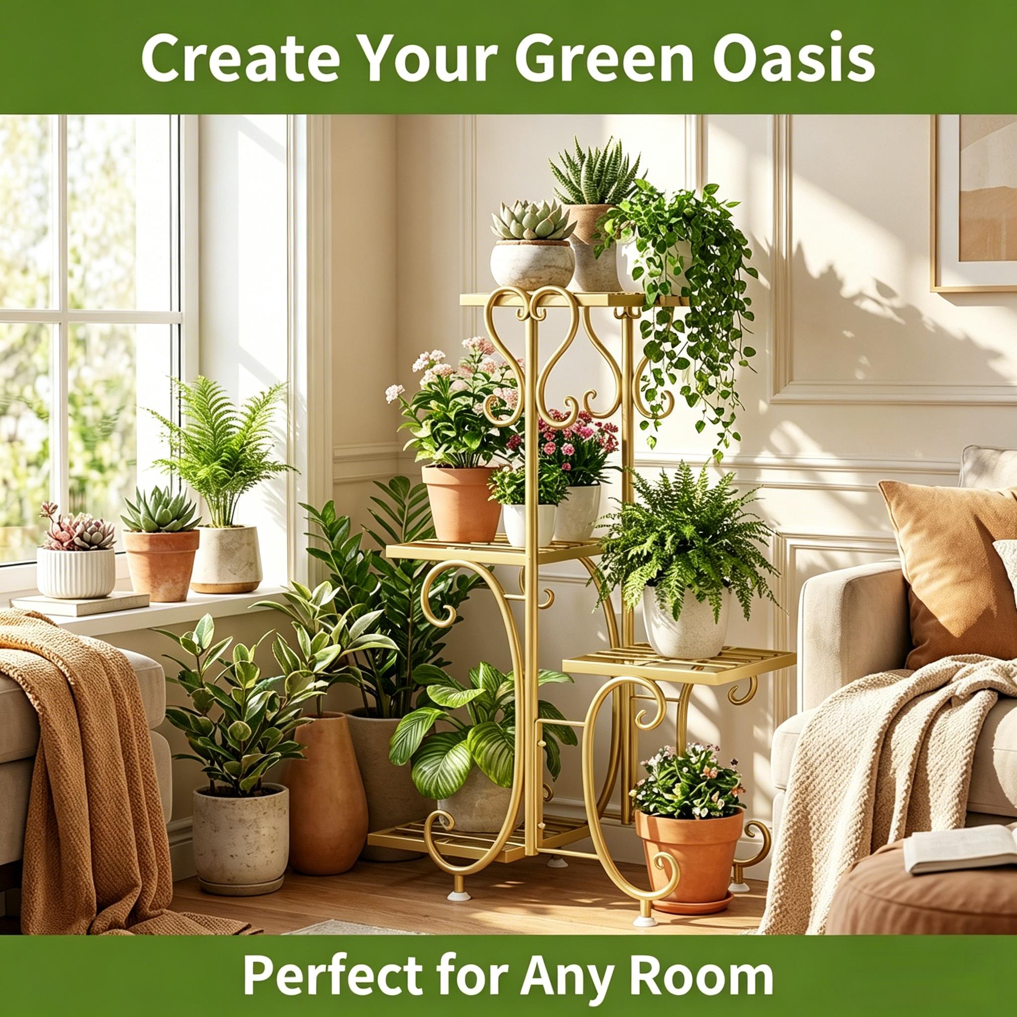 4-Tier Tall Corner Plant Stand, Metal Indoor Outdoor Flower Pot Shelf for Living Room & Balcony Decor, Holds 4 Pots