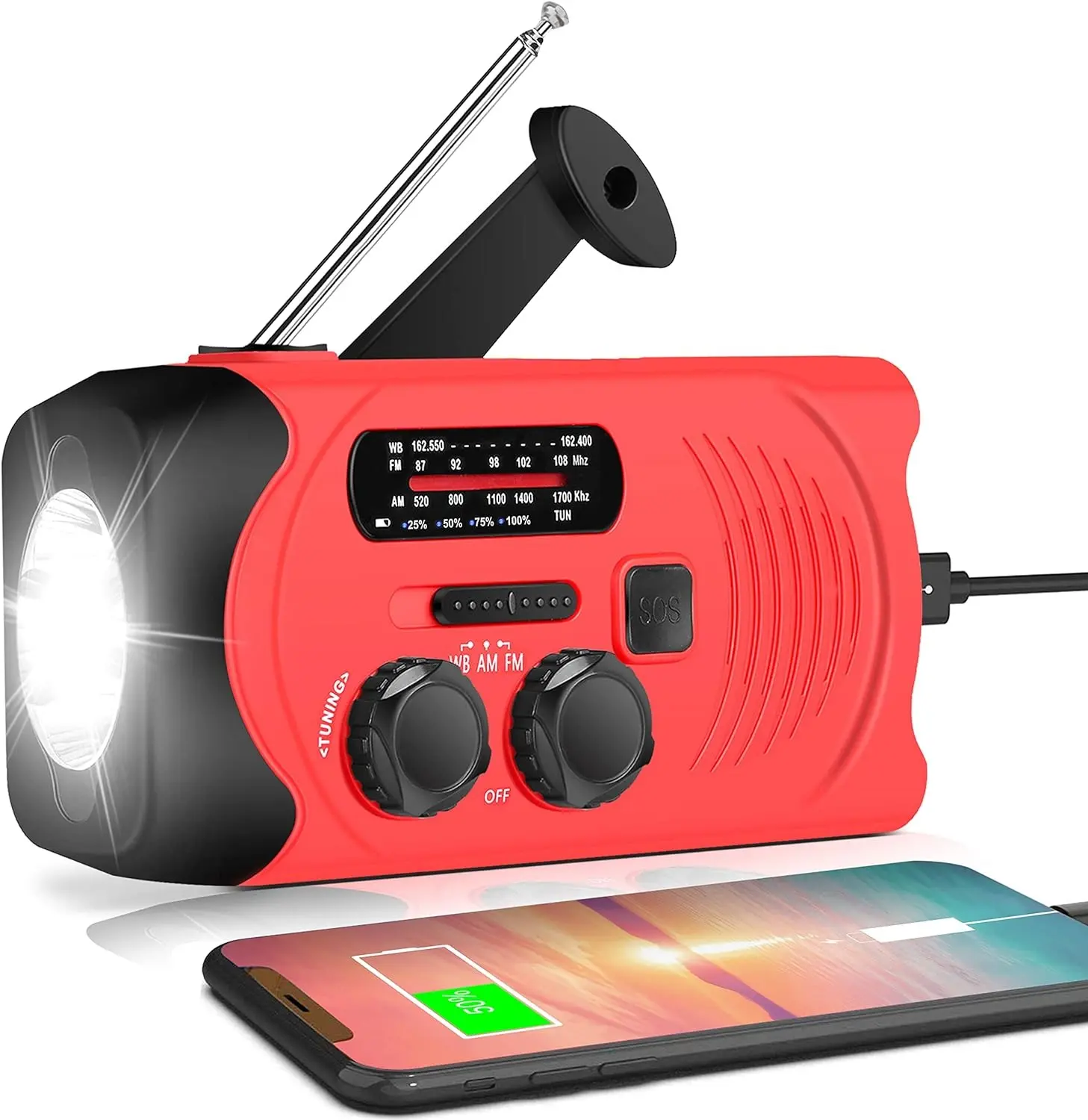 Portable Solar-Powered Battery-Powered Emergency Radio (2000mAh) with Micro USB, AM/FM/NOAA, Flashlight, SOS Alarm for Hurricane Prep, Backpacking Survival