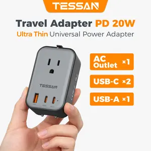 TESSAN Travel Adapter PD 20W, Grey 45W, Universal Power Adapter 2 USB C 1 USB A, Ultra Thin International Plug Adaptor Worldwide Outlet for US to European UK Italy Spain New Zealand (Type C G A I), 1 Pack