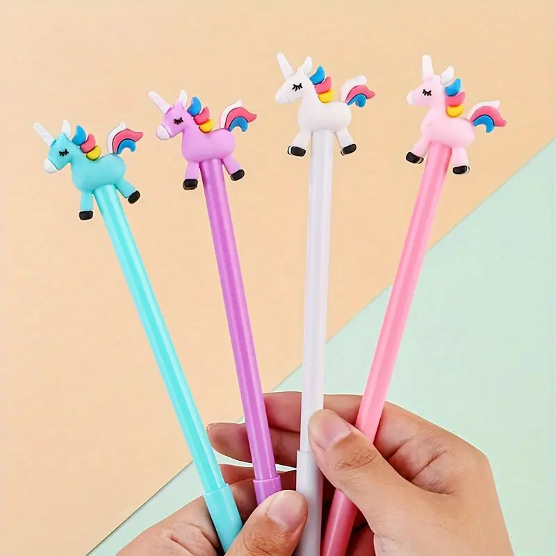 [Cute Unicorn Pens] 4-Pack Unicorn Gel Pens | Cute Rainbow Mane Design, Black Ink Rollerball Pens for Smooth Writing