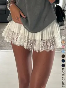Y2k Lace Mini Skirt Women Low Rise Pleated Ruffle Tiered Half Slip Elastic Waist Flowy Mesh Sexy Short Underskirt Fit Casual Womenswear