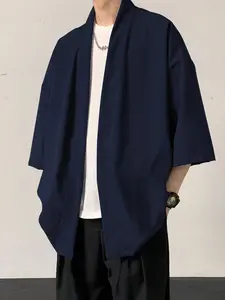 Men's Solid Color 3/4 Sleeve Open Front Kimono, Casual Comfy Breathable Tropical Longline Shirt for Daily Wear, Men's Clothes for All Seasons, Gamis, Menswear