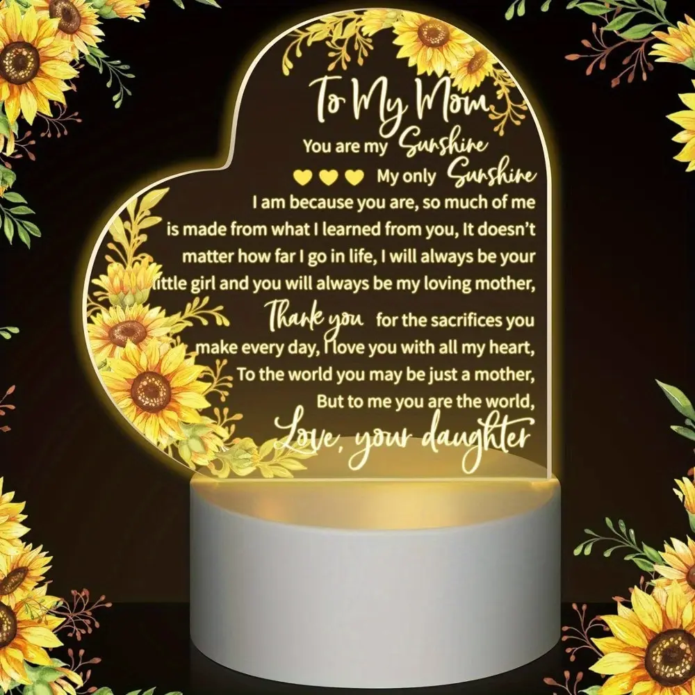 Heart-Shaped Acrylic Light, Engraved Sunflower, USB Low Power Table Decor, Birthday Gift for Mom, Bedroom Accent Lamp