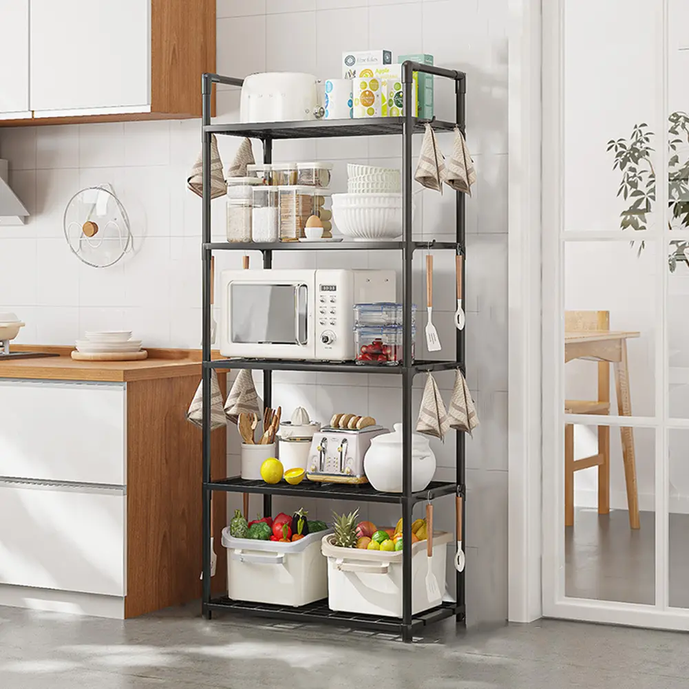 Heavy-Duty Floor-Mount PP Plastic Storage Shelf Rack, 5-Layer 1470x5050x270mm Unit with 66 lbs Capacity, Easy-Installation Multifunctional Organizer for Kitchen, Bathroom, Garage