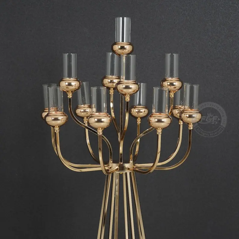 4 PACK | Gold 13 Arms Cluster Candle Holder With Glass Shade,Wedding Candelabra Table Centerpieces-48″H