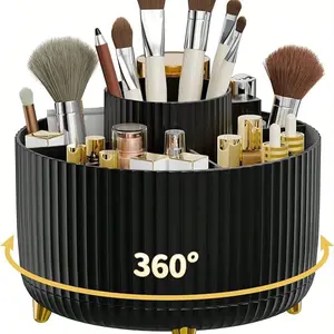 360° Rotating Makeup Brush Holder, Modern Elegant Matte Cosmetic Storage Box, 5 Compartment Skincare Organizer for Vanity Desk Office Bathroom