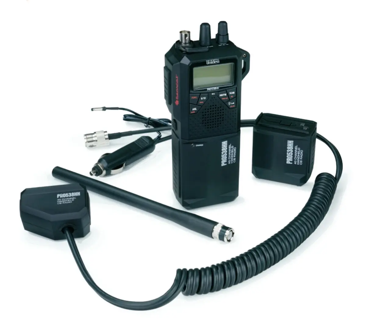 Uniden PRO538HHFM Mobile Handheld CB Radio Kit - 40-Channel AM & FM, LCD Screen, DC Car Adapter, Car Audio Hookup Compatibility, Rubber Antenna, Alkaline Cells, Hi/Lo Power Save, Emergency Information for On-the-Road Use