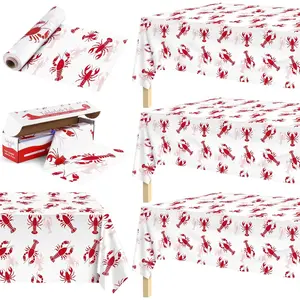 100 ft x 54 inch crawfish party tablecloth roll with cutter box white and red crawfish table cover plastic waterproof lobster tablecloth for crawfish birthday party supplies decorations
