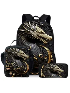 Metal dragon print backpack three-piece set, including lunch bag, pencil case, and backpack