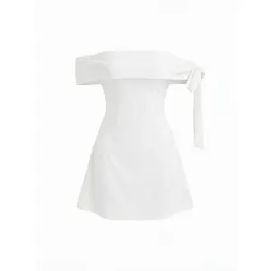 Cider Jersey Off-shoulder Short Sleeve Bowknot Mini Dress